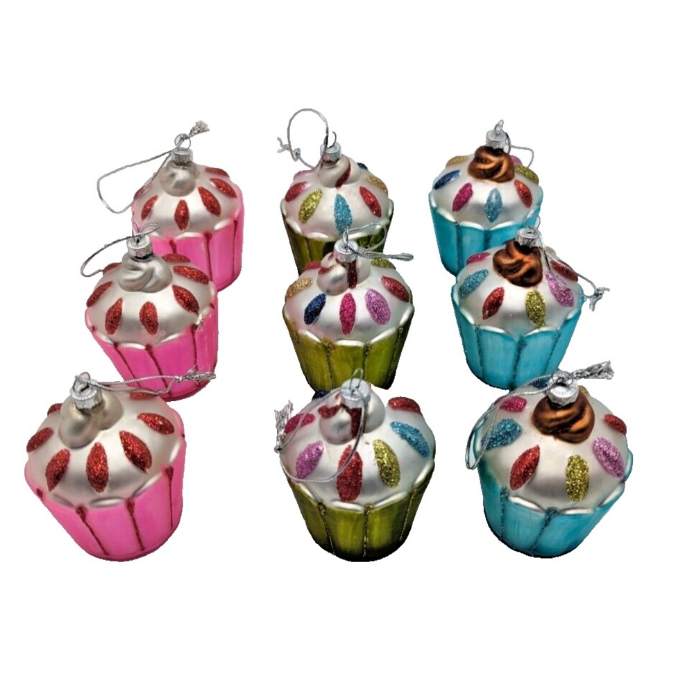 Cupcake Glitter Sprinkles Glass Christmas Ornament Lot Of‎ 9